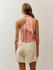 Nöista Áo lệch vai kẻ sọc kèm khăn quàng cổ cùng màu. Chất liệu nhẹ và dễ phối với quần jeans hoặc chân váy. Hoàn hảo cho trang phục mùa hè, kỳ nghỉ, tiệc bể bơi, phong cách boho, lễ hội âm nhạc, đi biển. - trái cam - Xem 2