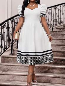 Lady Vestido elegante de manga abullonada con cuello de corazón y textura de unicolor para mujer de talla grande - Blanco - Ver 7