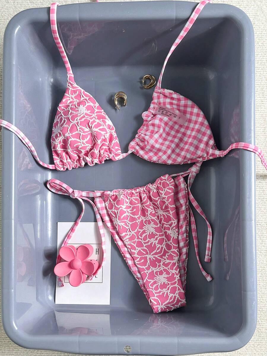 Swim Mod Đồ bơi nữ, bikini đi nghỉ mát và dễ thương, trang phục đi biển màu nâu vàng họa tiết hoa cho phụ nữ đi chơi, trang phục dự tiệc Valentine, kỳ nghỉ Xuân Hè 2026/Phong cách phương Tây/Câu lạc bộ/Đồ bơi đi biển khi nghỉ dưỡng - Hồng - Xem 1
