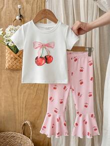 SHEIN Vintaside Kids 女婴夏季圆领短袖印花简约时尚T恤搭配百搭休闲裤套装，适合日常休闲、海滩玩耍或公园散步。 - 白色 - 查看 8