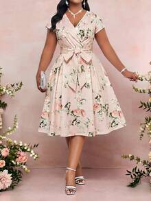 SHEIN Lady Plus Size Elegant Floral Print Party Dress, Summer - Pink - View 1