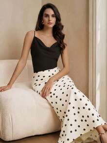 Anewsta Chân váy midi nữ họa tiết chấm bi thanh lịch, thích hợp cho mùa xuân/hè. - trắng - Xem 9