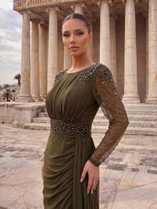 Elegant Luxury Pearl Rhinestone Design Sheer Long Sleeve Elastic Knit Ruched Mermaid Dress, Suitable For Wedding, Party, Vacation, Bride, Mother Of The Bride, Evening Gown - Army Green - View 7