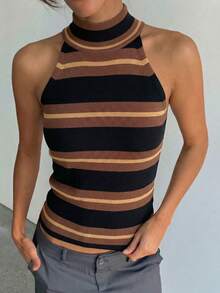 Aloruh Top de punto de rayas minimalista sin mangas, estilo universitario - Café integral - Ver 4