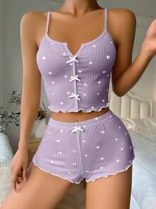 SHEIN Casual Underwear&Sleepwear 女士心形印花蝴蝶结装饰吊带背心和短裤睡衣套装 - 淡紫色 - 查看 3