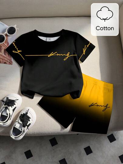 Bộ áo thun cotton cổ tròn và quần short ombre thoải mái cho bé trai, kiểu dáng cổ điển, in chữ "King" phối màu tương phản, thích hợp cho mùa hè, mặc ở nhà, hoạt động ngoài trời, thể thao, đi học.
