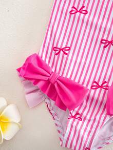 SHEIN Young Girl Striped Bow Decor One-Piece Swimwear, Suitable For Beach Vacation, Pool Party, Beach Party - Pink - View 3