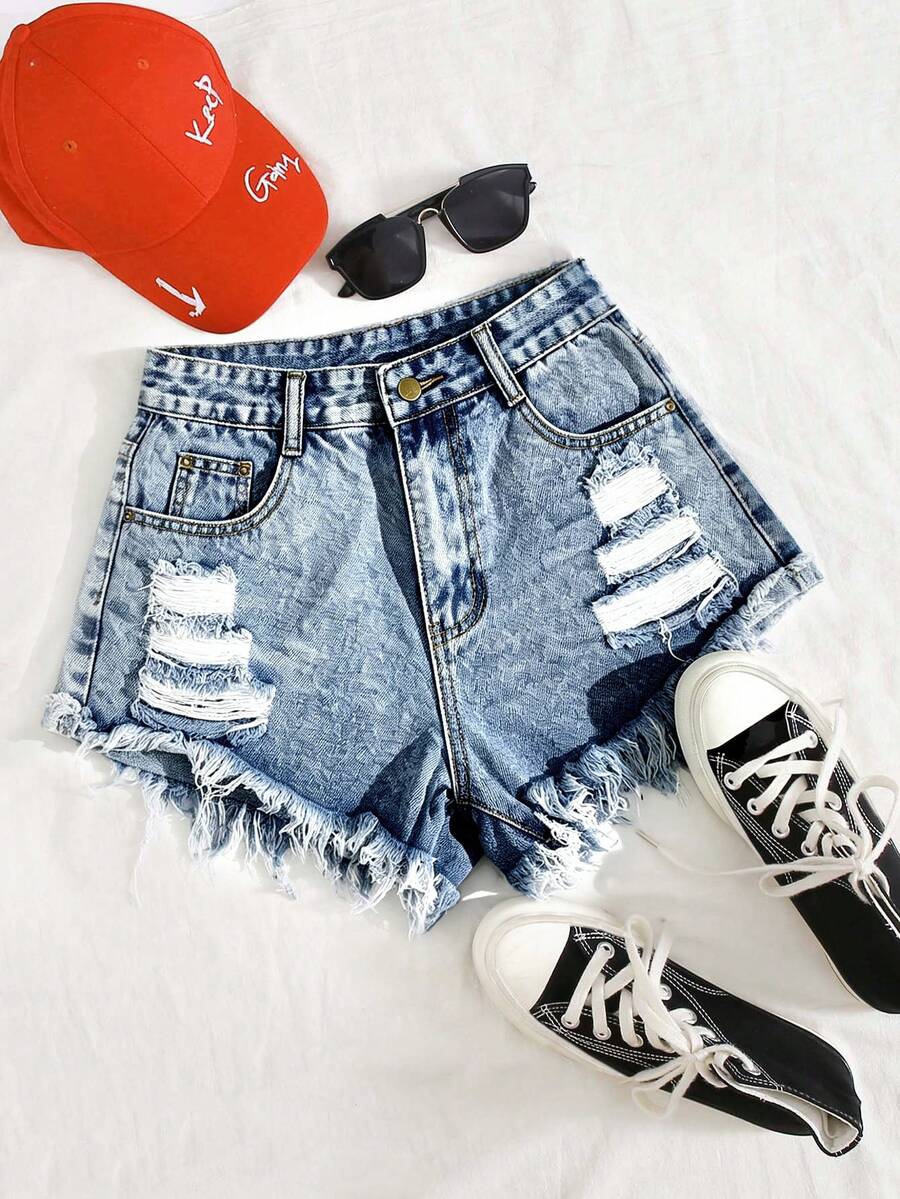 SHEIN Essnce Summer Casual Washed Distressed Denim Shorts - Baby Blue - View 1