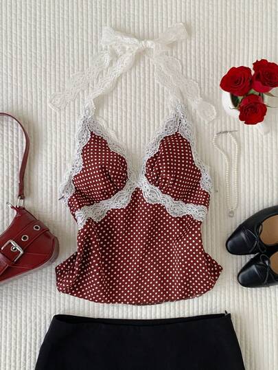 Comfortcana Women's Polka Dot & Lace Patchwork Backless Halter Top