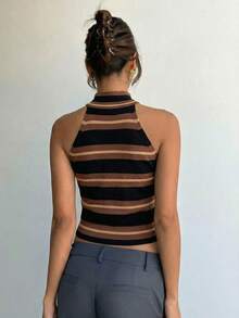Aloruh Top de punto de rayas minimalista sin mangas, estilo universitario - Café integral - Ver 2