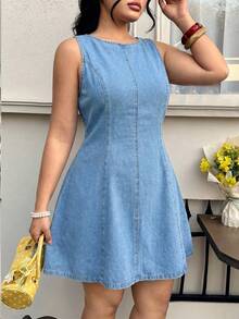 Solflare Vestido vaquero de cuello redondo informal para mujer talla grande para reuniones y salidas, verano - Azul - Ver 7