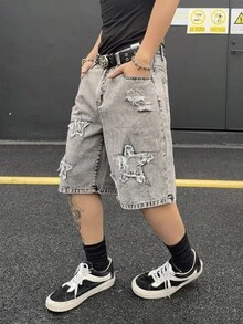 Manfinity EMRG Men's Pocket Frayed Five-Pointed Star Denim Wide Leg Shorts - Grey - View 3