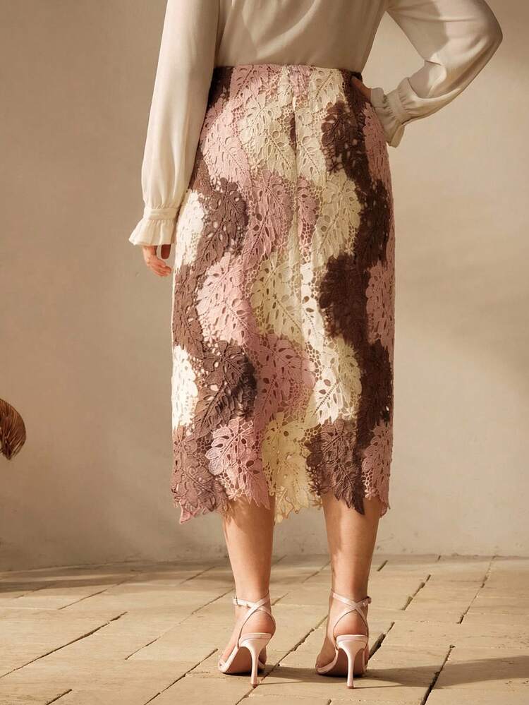 Plus Size Women's High-Quality New Fashion Colorblock Hollow Embroidered Vintage Elegant Ladies Skirt, Suitable For Valentine's Day, Summer Holidays, Spring Break