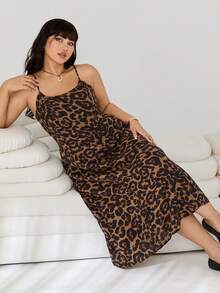 SHEIN EZwear Plus Size Leopard Print Spaghetti Strap Backless Dress With Adjustable Waist Ties And Hidden Zipper, Suitable For Spring/Summer Party - Brown - View 2