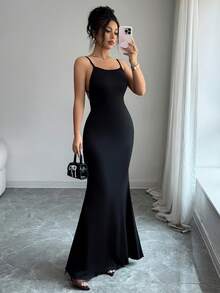 Elenzga Đầm satin đen bóng, hở lưng, thanh lịch, thiết kế thời trang phù hợp cho các dịp như du lịch đảo, nghỉ mát biển, kỷ niệm, hẹn hò lãng mạn, đám cưới, tiệc mùa hè, dạo biển, dạo chơi thường ngày và lãng mạn. - màu đen - Xem 5