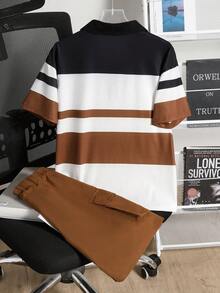 SHEIN Streecool Kids 两件套男童春夏短袖polo衫和休闲裤套装，时尚针织条纹动物纹印花，舒适宽松口袋，百搭户外服装 - 棕色 - 查看 4