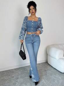 Elenzga Set de 2 piezas de conjunto de mujer de estilo denim, blusa de manga larga con hombros descubiertos y pantalones de cintura alta - Lavado ligero - Ver 6