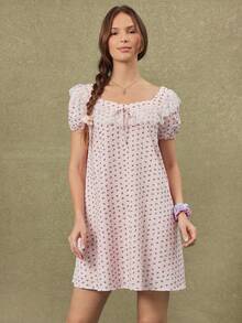 WESTFADE Sweetheart Neck Bow Front Short Puff Sleeve Floral Gingham & Lace Babydoll Pink Mini Dress, Dresses For Women, Plaid Women's Country Style Female Look - Pink - View 6