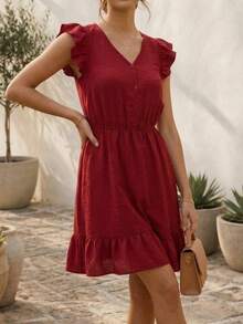 Vestido de verano con manga corta de volantes y falda fluida - Rojo cereza - Ver 2