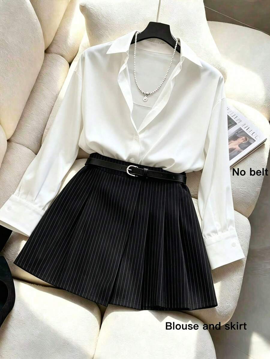 GlowEve CURVE Plus Size Casual Striped Shirt & Pleated Skirt 2 Pieces Set, Suitable For Summer Holiday And Commute - Black - View 1