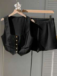 Conjunto de 2 piezas de mujer con cárdigan a rayas color albaricoque y shorts - Negro - Ver 11