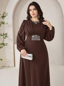 Veilorie Plus Size Women's Long Sleeve Elegant Rhinestone Embellished Dress Fall - Coffee Brown - View 3