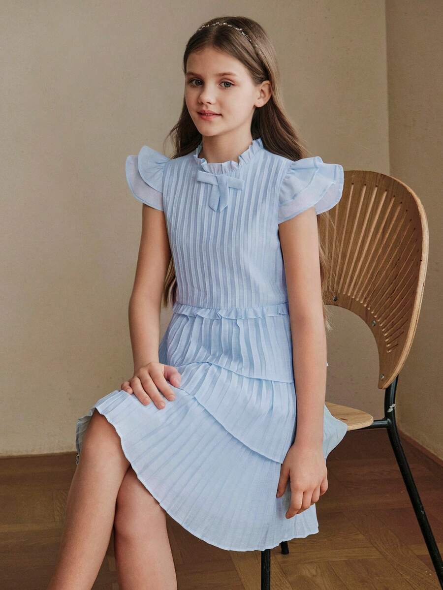 Anewsta Vestido azul de media longitud con pliegues sin mangas para niñas, vestido de volantes con lazo para primavera/verano, ropa infantil - Azul - Ver 1