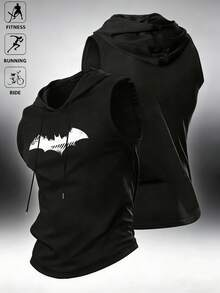 BATMAN X SHEIN Acti Log 男士无袖连帽抽绳休闲夏季健身运动背心 - 黑色 - 查看 1