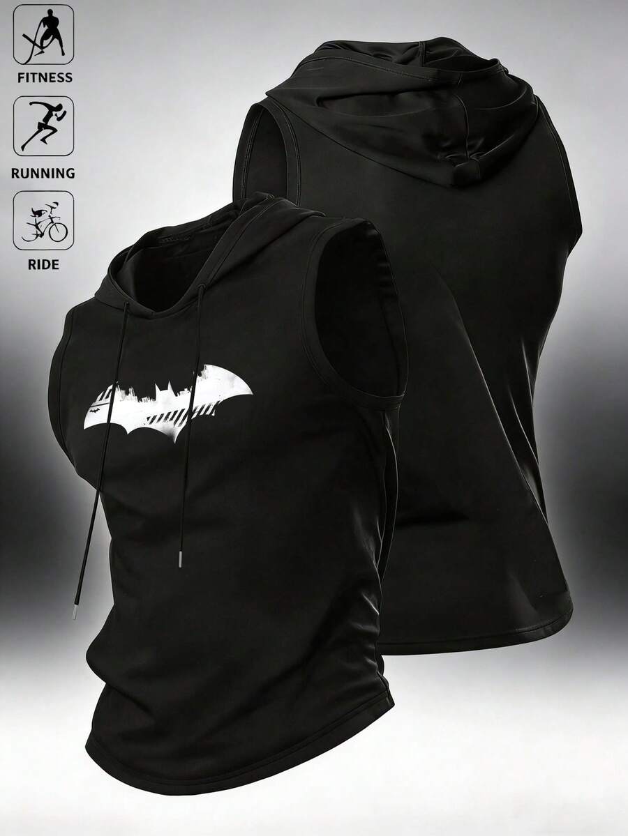 BATMAN X SHEIN Acti Log 男士无袖连帽抽绳休闲夏季健身运动背心 - 黑色 - 查看 1