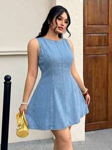 Solflare Vestido vaquero de cuello redondo informal para mujer talla grande para reuniones y salidas, verano - Azul - Ver 4