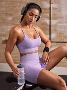 Powerista Bộ đồ thể thao nữ màu trơn gồm áo hai dây và quần short. - Màu tím - Xem 7