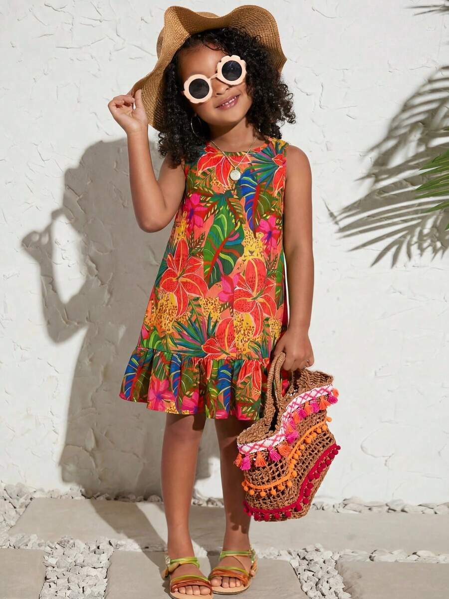 Young Girl Vacation Casual Fashionable Woven Tropical Flower Print Halter Neck Dress - Red - View 1