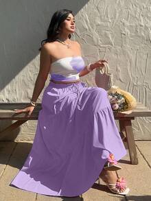 SHEIN SunnyBelle Bộ đồ đi biển 2 món thời trang mùa hè: Áo ống in hoa màu hồng kết hợp với chân váy maxi họa tiết bánh kem màu hồng. - Màu tím hoa cà - Xem 4
