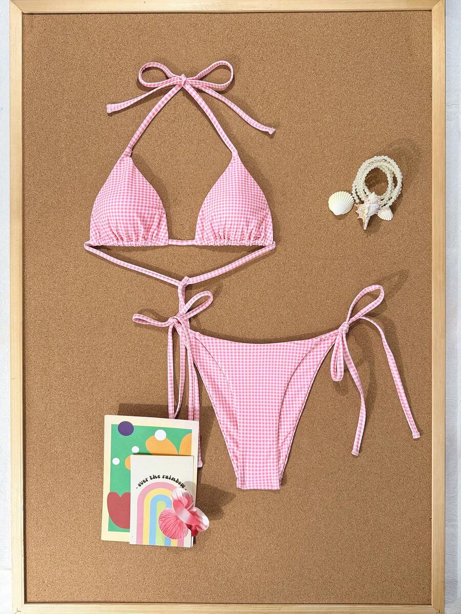 SHEIN Swim Mod Bộ bikini hai mảnh nữ mùa Xuân/Hè 2026 với dây đeo mảnh và họa tiết gợi cảm. - Hồng - Xem 1