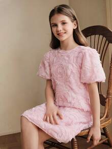 Anewsta Girls' Pink Rose Print Short Sleeve Summer Dress - Pink - View 6