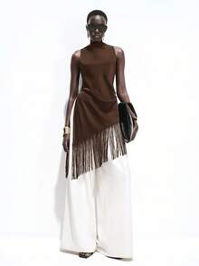 Lumivelle Women Summer Elegant Black Satin Blouse,Draped Neck,High Slit,Tassel Patchwork Vintage Top,Evening Autumn,Dark Brown, Party Wedding Wear - Brown - View 4