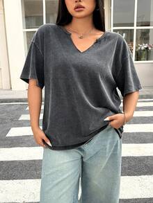 SHEIN EZwear Áo thun cổ chữ V tay ngắn rộng rãi, chất liệu cotton, màu đen, size lớn, giặt axit, mùa xuân/hè - màu đen - Xem 5