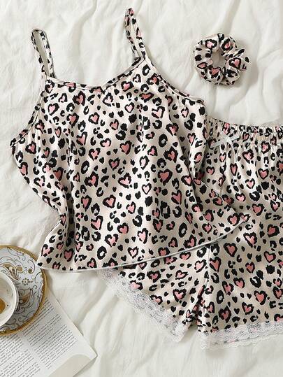 Adjustable Strap Camisole + Elastic Waist Shorts + Matching Scrunchie, Girls Casual Loungewear Set For Home, Sleep, Hangout With Friends, Can Also Be Worn As Daily Outfit With Outerwear