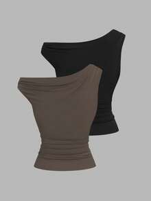 Sweetra 2pcs/Set Asymmetric Collar Fitted T-Shirt, Versatile Casual Top, Spring/Summer - Multicolor - View 2