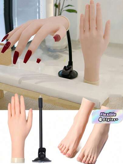 1PC/2PCS Life Size Silicone Flexible Nail Art Tattoo Pedicure Practice Jewelry Display Photography Prop Skin Tone Hand Half Foot Model Artists Photographers Home Salon