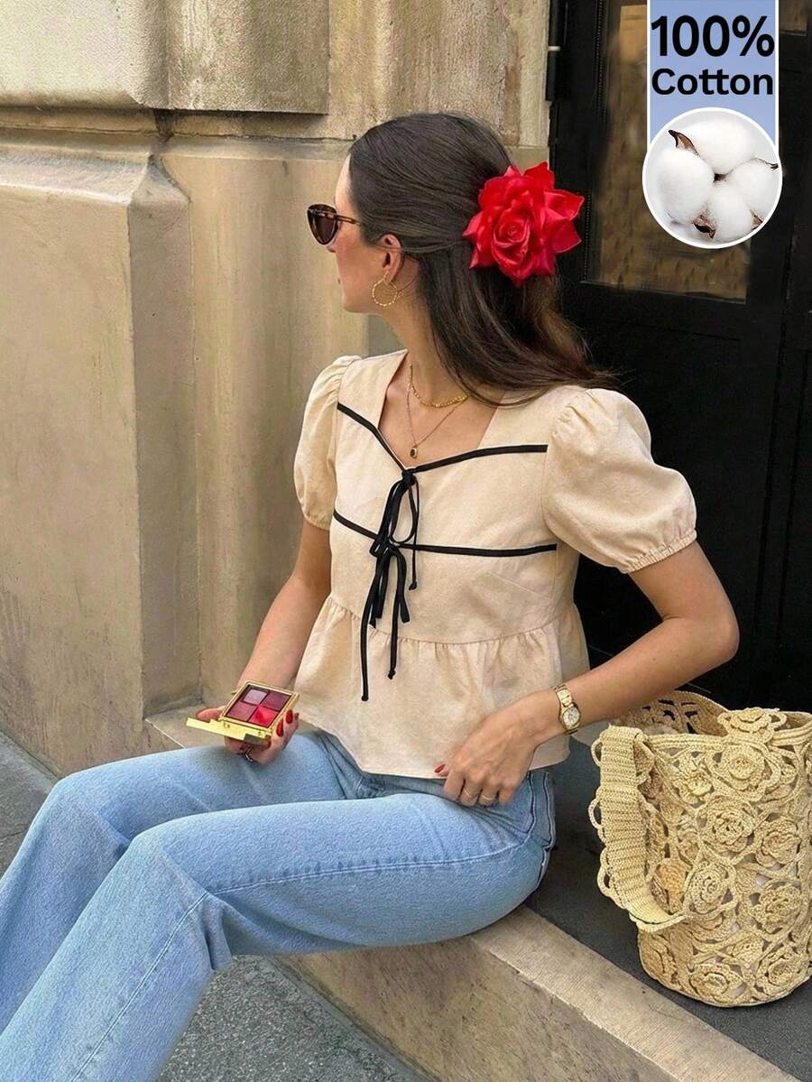 Serisse Áo kiểu nữ tay ngắn phối màu tương phản, xếp nếp. - Màu be - Xem 1