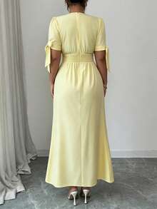Elenzga Vestido de vacaciones elegante y ajustado de unicolor para tallas grandes - Amarillo - Ver 2