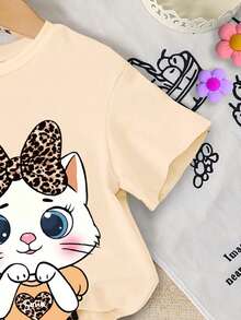 Summer Baby Girl Casual Multi-Piece Set, Brown & Apricot Leopard Print Cartoon Rabbit Pattern, Round Neck Short Sleeve T-Shirt & Shorts - Multicolor - View 5