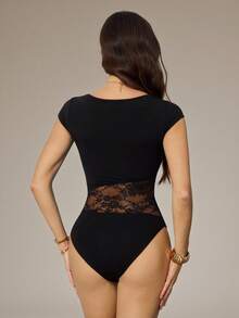 SHEIN Tall Women's Contrast Lace Bodysuit With Capped Sleeves, Slim Fit & Sexy - Black - View 2