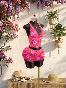 Zestiva Women's 3-Piece Swimsuit Set For Summer Beach Vacation, Lace Trim Halter Tankini Top With Tie Waist And Multi-Layered Ruffle Skirt - Multicolor - View 4