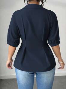 Elenzga Plus Size Women's Solid Color Fashionable Office Short Sleeve Blouse - Navy Blue - View 3