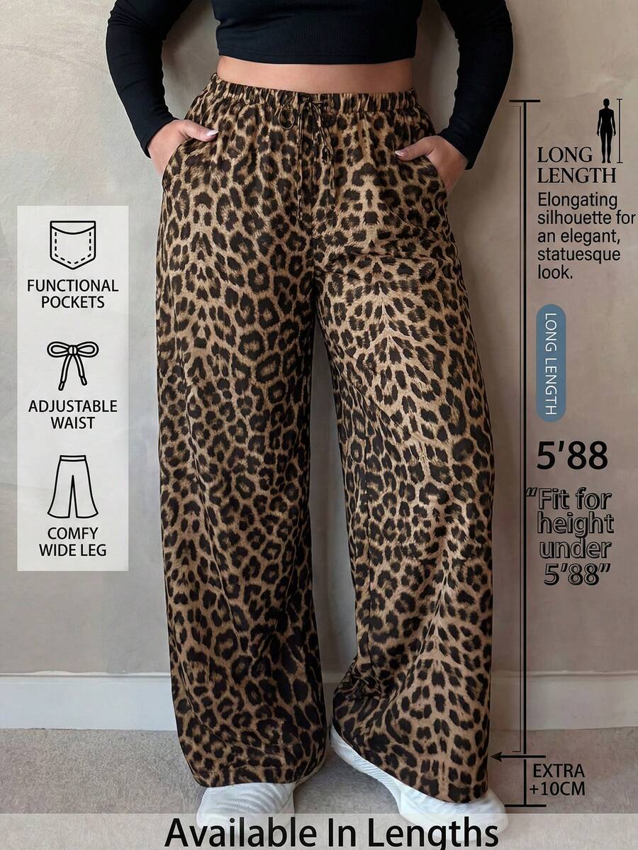 SHEIN Tall CURVE 大码女式休闲街头豹纹宽松直筒阔腿裤 - 彩色 - 查看 1