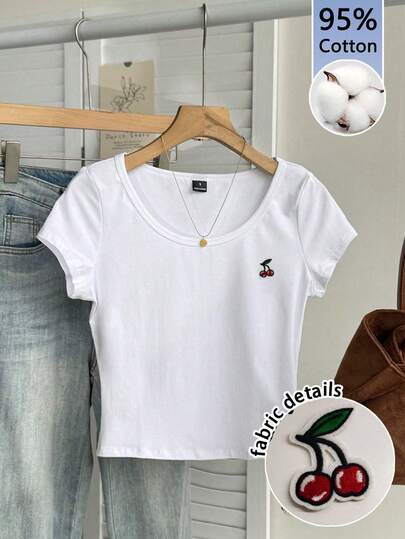Tseoso T-shirt femme 95% coton blanc, col rond, manches ajustées, motif minimaliste décontracté