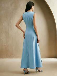 Anewsta Gaun Tanpa Lengan Berpotongan Pas Badan Elegan untuk Wanita dengan Bordir dan Lubang-Lubang, Cocok untuk Acara Formal, Pesta, Chic, Kerja, Wisuda, Pernikahan, Merah - Danau Biru - View 3