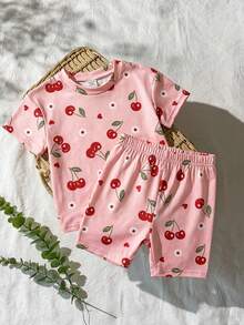 SHEIN Vintaside Kids Ensemble t-shirt imprimé simple et à la mode à col rond et sans manches pour bébé fille d'été, assorti à des shorts décontractés simples et polyvalents, convenant aux loisirs quotidiens, aux jeux de plage ou aux promenades au parc - Rose bonbon - Voir 4